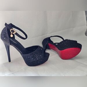 NEW Lily Black Stiletto Platform Ankle-Strap Women's Heels with Red Outsole